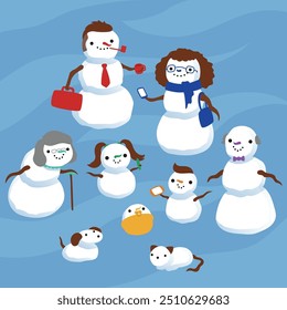 Fun cartoon illustration of snow family. Colorful mother father children son daughter baby grandmother grandfather dog cat. Cheerful cold holiday celebration. Flat colors, blue snow background