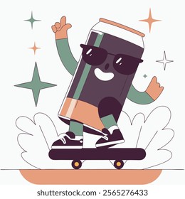 A fun cartoon illustration of a soda can character skateboarding while wearing sunglasses. Perfect for branding, advertising, 