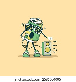 A fun cartoon illustration of a soda can character singing into a microphone connected to a speaker.