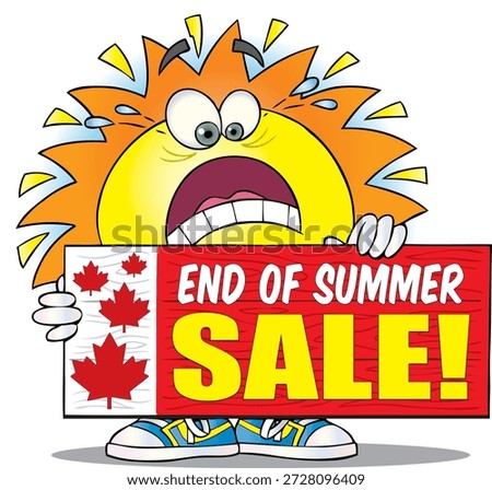 A fun cartoon illustration of a stressed sun mascot holding an “End of Summer Sale” sign decorated with red maple leaves. Perfect for retail promotions, seasonal discounts, advertisements, banners, posters, and social media marketing at the close of summer.