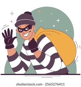 A fun cartoon illustration of a thief in a striped shirt sneaking. Perfect for children's books, animation, game design, or websites needing a playful, mischievous character. High-quality 