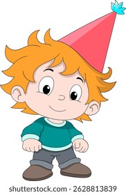 Fun cartoon illustration of a young boy wearing a colorful birthday hat, ready to attend a birthday party.