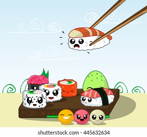 Fun cartoon Japanese cuisine, food. Illustration set of kawaii sushi, rolls. Vector