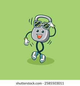 A fun cartoon kettlebell character with sunglasses dances happily against a green background.