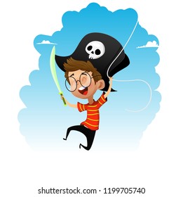 Fun cartoon kid playing dressed like pirate. Cartoon vector illustration