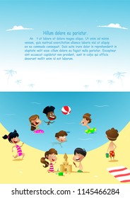 Fun cartoon kids playing at the sea. Vector illustration