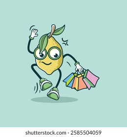 A fun cartoon lemon character happily carries colorful shopping bags suggesting a cheerful shopping experience.