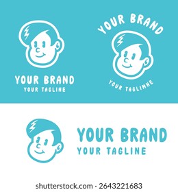 Fun cartoon logo of a smiling boy character in bold flat style. Perfect for kids brand, toy store, or playful business identity. Fully editable vector EPS