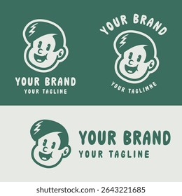 Fun cartoon logo of a smiling boy character in bold flat style. Perfect for kids brand, toy store, or playful business identity. Fully editable vector EPS