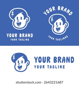 Fun cartoon logo of a smiling boy character in bold flat style. Perfect for kids brand, toy store, or playful business identity. Fully editable vector EPS