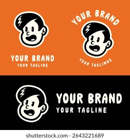 Fun cartoon logo of a smiling boy character in bold flat style. Perfect for kids brand, toy store, or playful business identity. Fully editable vector EPS