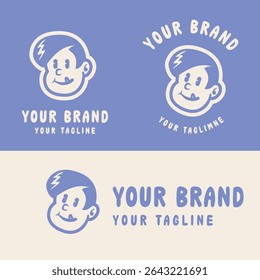 Fun cartoon logo of a smiling boy character in bold flat style. Perfect for kids brand, toy store, or playful business identity. Fully editable vector EPS