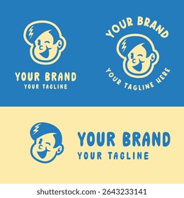 Fun cartoon logo of a smiling boy character in bold flat style. Perfect for kids brand, toy store, or playful business identity. Fully editable vector EPS