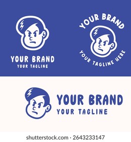 Fun cartoon logo of a smiling boy character in bold flat style. Perfect for kids brand, toy store, or playful business identity. Fully editable vector EPS
