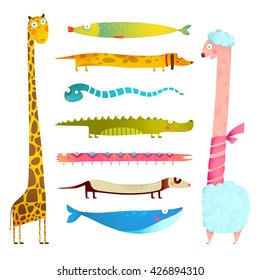 Fun Cartoon Long Animals Illustration Collection for Kids Design. Set of hand drawn horizontal and vertical animals for children. Watercolor style drawing. Vector EPS10.