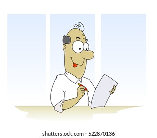Fun cartoon man filling form such as tax form, insurance claim and pen. Vector