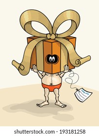 Fun cartoon with a man and a gift box 