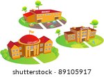 Fun cartoon map elements: city hall, school, market, trees. Each building and  ground are in the separate layer. (set 2)