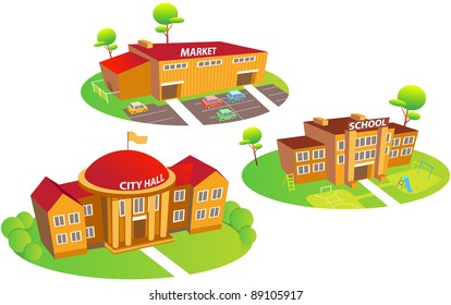 Fun cartoon map elements: city hall, school, market, trees. Each building and  ground are in the separate layer. (set 2)