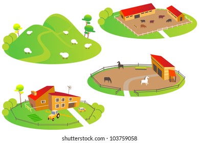 Fun cartoon map elements: Farms. Each building and ground are in the separate layer. (set #11)