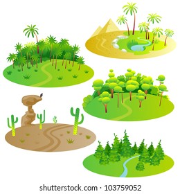 Fun cartoon map elements: forest, jungle, desert. Ground is in the separate layer. (set #9)