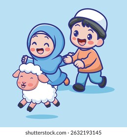Fun cartoon of Muslim boy and girl joyfully playing with a sheep, illustrating the joyful spirit of Eid al-Adha celebration.
