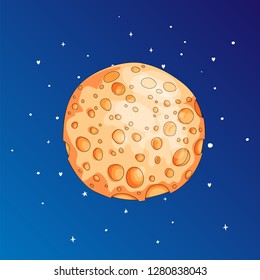 Fun cartoon orange sponge moon icon. Orange magic full moon with decoration elements on blue background. Magical orange full moon in dreams vector icon.