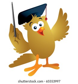 Fun cartoon owl wearing a graduation hat giving an educational presentation.