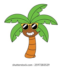 A fun cartoon palm tree with cool sunglasses, a curved trunk, and lively green fronds. It exudes a chill, tropical vibe, perfect for beach or summer-themed designs!