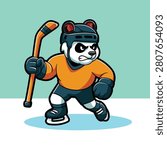 Fun cartoon panda bear mascot character skating and holding a hockey stick wearing an orange jersey and protective helmet