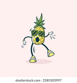 A fun cartoon pineapple character wearing sunglasses dances with a cheerful expression.