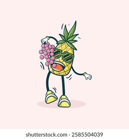 A fun cartoon pineapple character wearing sunglasses holds a bunch of grapes while dancing.