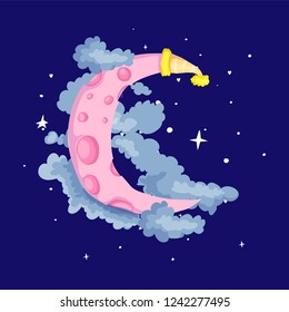 Fun cartoon pink crescent moon with cap among the stars and clouds icon. Pink magic crescent moon with decoration on blue background. Magical pink crescent moon in dreams vector icon.