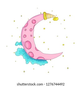 Fun cartoon pink crescent moon with cap among blue clouds icon. Pink magic crescent moon with decoration elements on white background. Magical pink crescent moon in dreams vector icon.