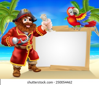 Fun cartoon pirate beach sign illustration of a fun cartoon pirate on a beach holding a treasure map with his parrot on the sign and palm trees in the background