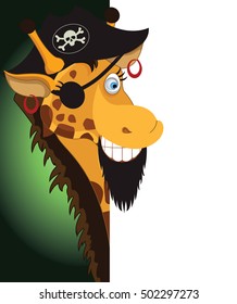 Fun Cartoon Pirate Giraffe looking at a blank white page for use in advertising, presentations, brochures, documents and forms, etc
