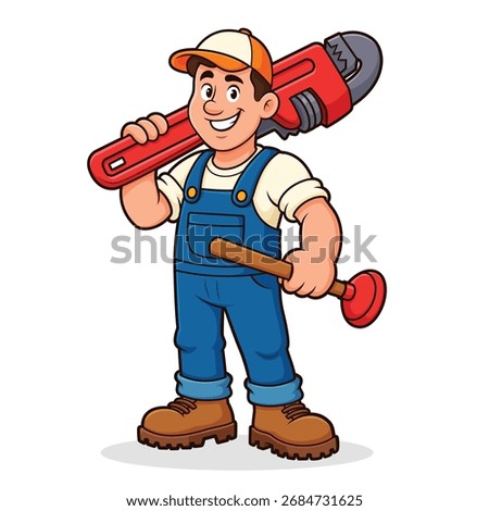 fun cartoon plumber vector illustration holding wrench