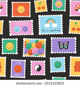 Fun cartoon post card stamp sticker seamless pattern. Trendy doodle icon background with flower, happy face and butterfly. Colorful vintage groovy art label wallpaper, retro 90s emoticon print. 