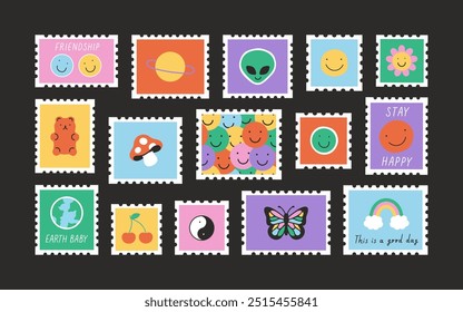 Fun cartoon post card stamp sticker set. Trendy doodle postage with flower, happy face and butterfly. Colorful vintage groovy art label, retro 90s emoticon postmark. 
