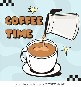 Un cartel de dibujos animados divertidos de café que se vierte en una taza con texto de la hora del café en negrita, estilo pop art sobre un fondo azul claro ondulado. Ilustración vectorial