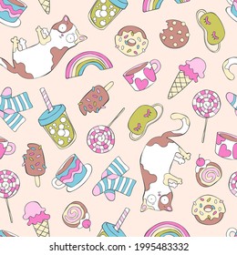 Fun Cartoon Print. Crazy Cat, Rainbow, Ice Cream, Cocktail, Tea Mug, Coffee Cup, Sweet Pastries, Socks, Sleep Mask. Seamless Vector Pattern (background). 