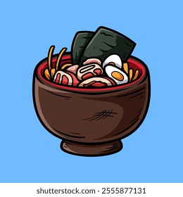 fun cartoon of ramen noodle isolated colored drawing line art style design illustration