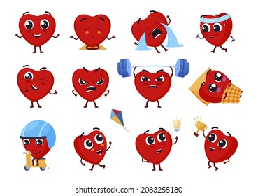 Fun cartoon red heart character collection vector flat illustration. Cute body organ daily life smiling, practicing yoga, crying, running, angry, playful, doing sport, unwell, riding on scooter, idea