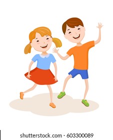 Fun cartoon relatives kids couple. Young happy brother and sister in colorful stylish clothes. Cheerful daicing childs