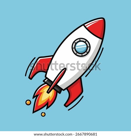 A fun cartoon rocket ship blasting off into space, with fire and smoke trailing from its engine. A classic symbol of exploration, innovation, and adventure. Vector Illustration
