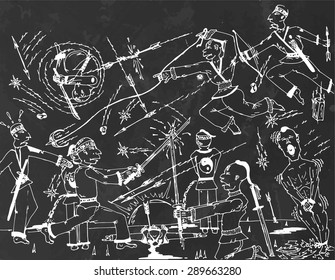 Fun cartoon samurai war. Chalkboard drawing. Vector.