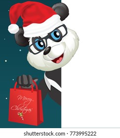 Fun Cartoon Santa Panda looking at a blank white page for use in advertising, presentations, brochures, documents and forms, etc