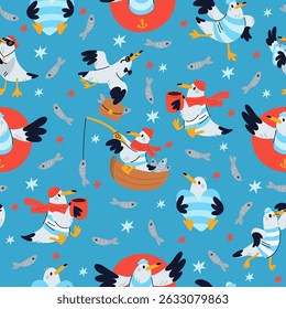 Fun cartoon seagulls seamless pattern. Seabird flying. Marine birdie with coffee cup. Love heart. Fish on seawater. Happy water animal character with hat and scarf. Sailor costume. Vector background