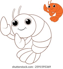 A fun cartoon shrimp coloring page featuring a cute shrimp with big eyes, a curved body, and detailed segments. Perfect for kids to color and enjoy ocean-themed fun!