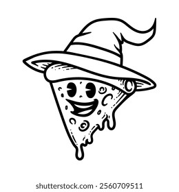 fun cartoon of sliced pizza with witch hat isolated drawing line art style sketch classic vintage design illustration